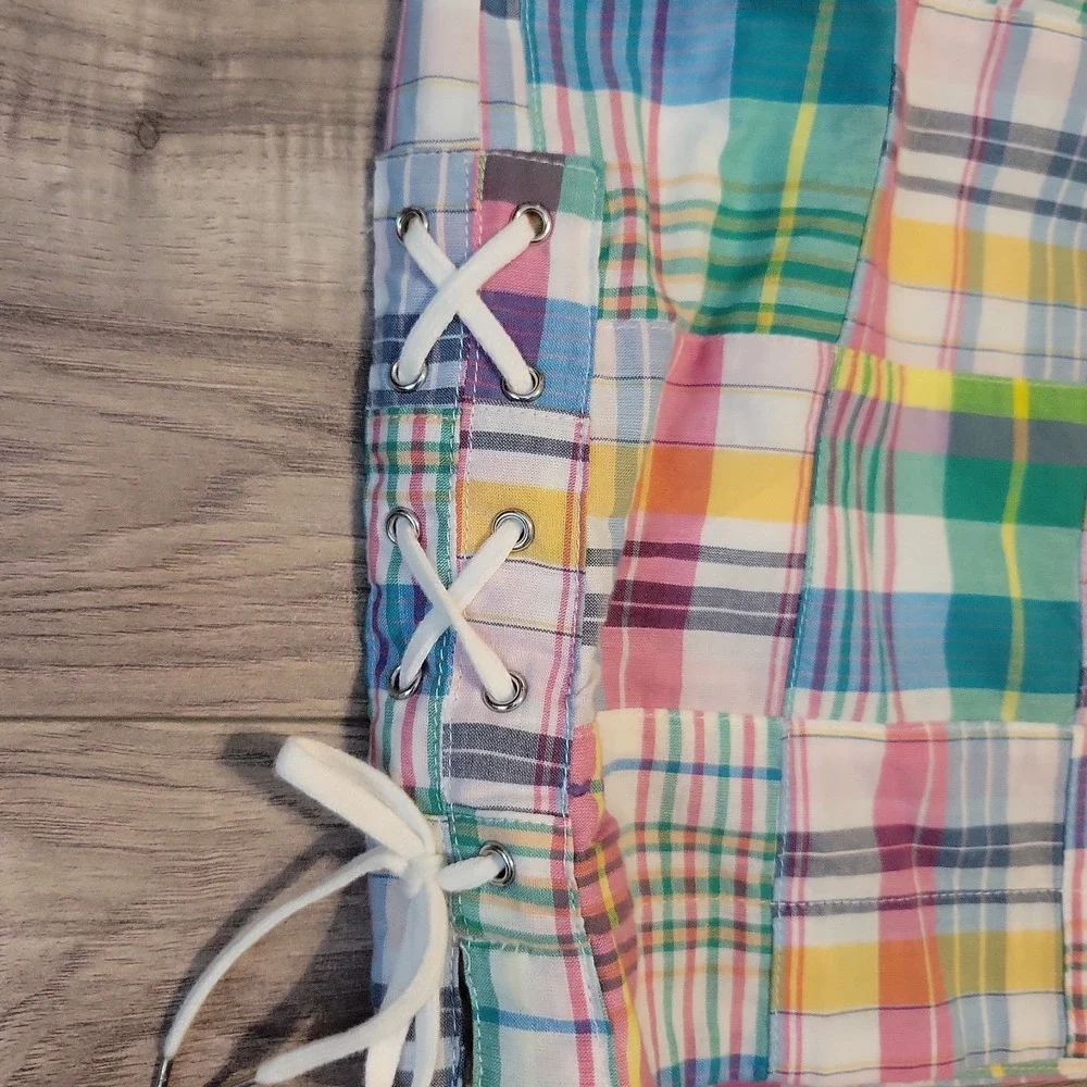 Talbots Sz 10P Madras Plaid Patchwork Cotton Lined Skirt Lace-Up Side Slit